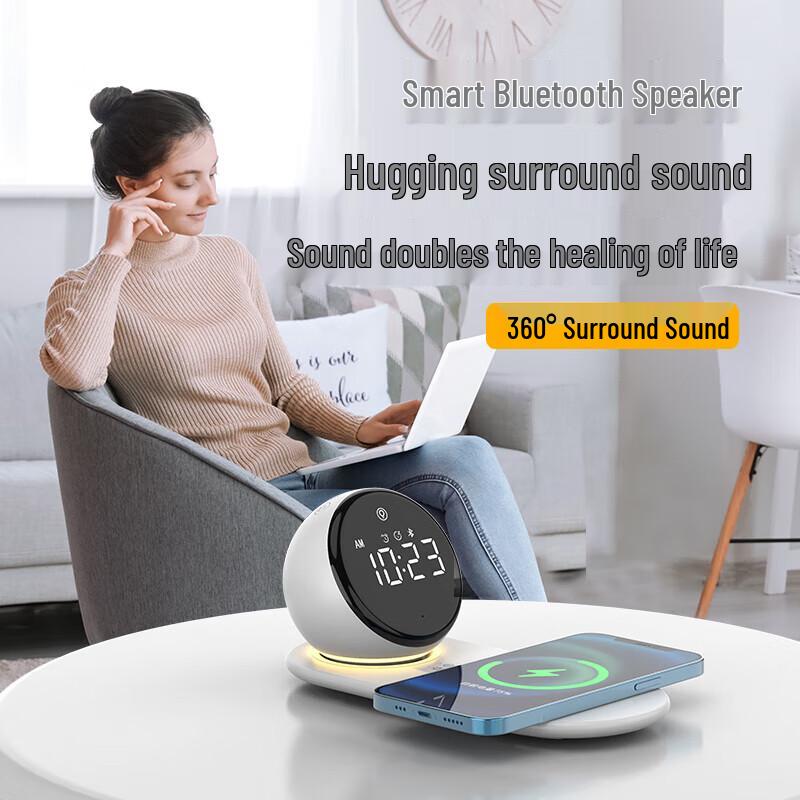 Shizukoo 15W Wireless Charging Smart Bluetooth Speaker with Clock & Night Light