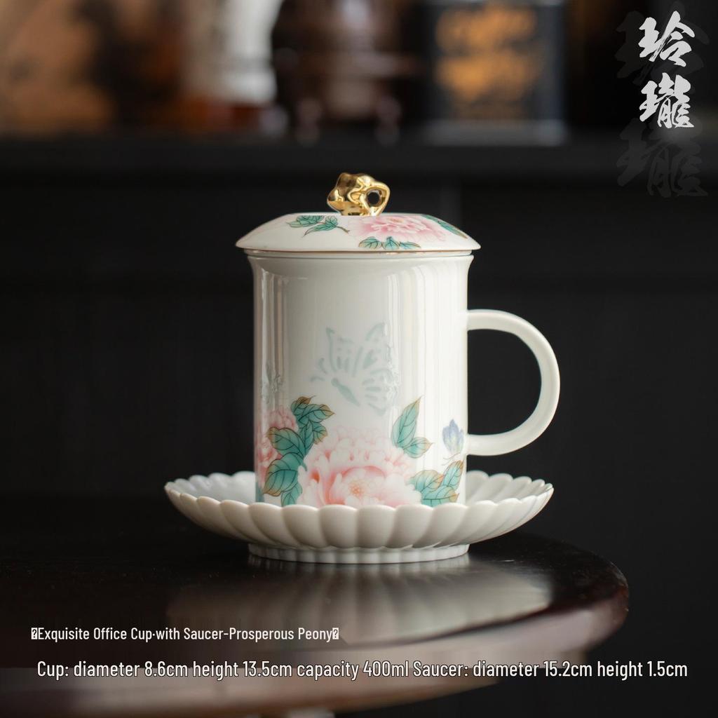 Exquisite Mutton Fat Jade Office Tea Cup Set with Lid & Filter