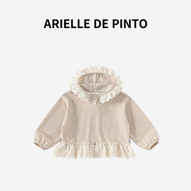 French Arielle De Pinto Girls' Jacket for Spring and Autumn with Hood and Lace Trim, Baby Girl Sweatshirt Jacket