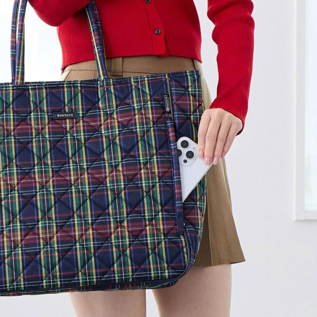 Rootote EU Medium Check Quilted Tote Bag, Women's, 3619, Green