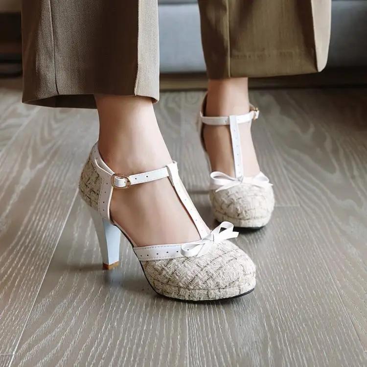 Fashion Fashion Spike Heel Women Pumps T-strap Round Toe Platform Shoes Female Buckle Strap Bowknot Party Pumps For Girlfriends