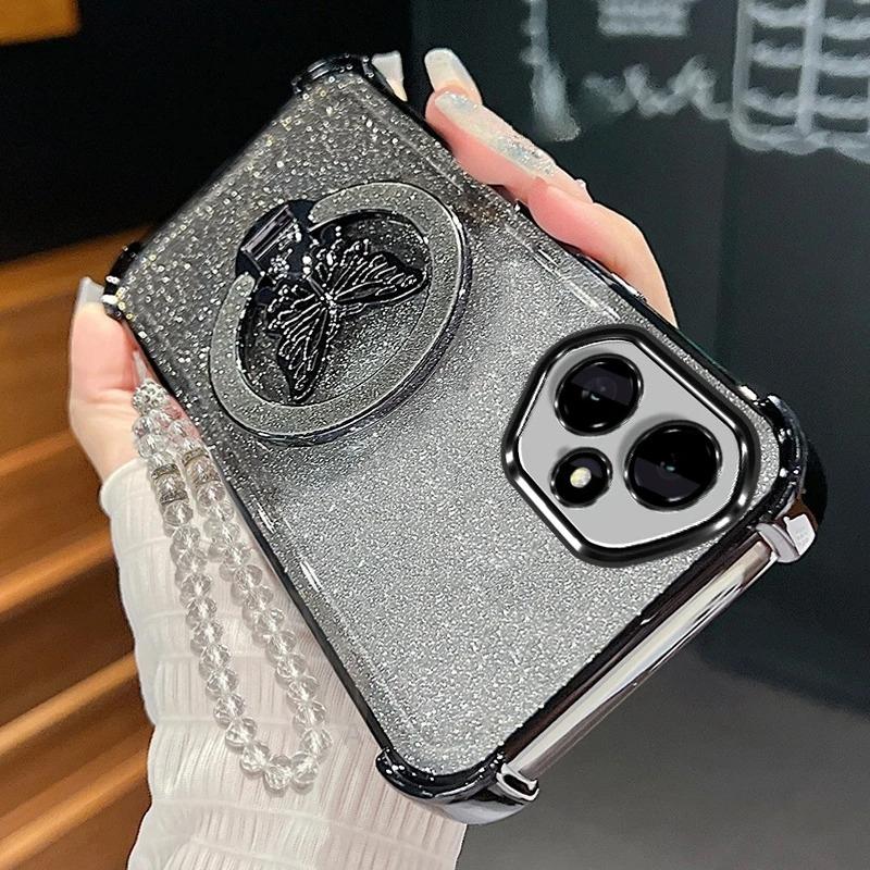 Honor400 Držák Motýlka Šňůrka Řetízek Pouzdro Pro Huawei Honor 400 Pro Lite Pokovené Nárazuvzdorné Silikonové Stojánek Kryt Honor400pro