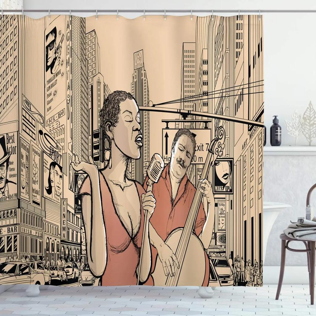 American Woman Jazz Shower Curtain African Black Girl Singing Jazzist Afrocentric Black Art Grunge Style Bathroom Curtains Decor