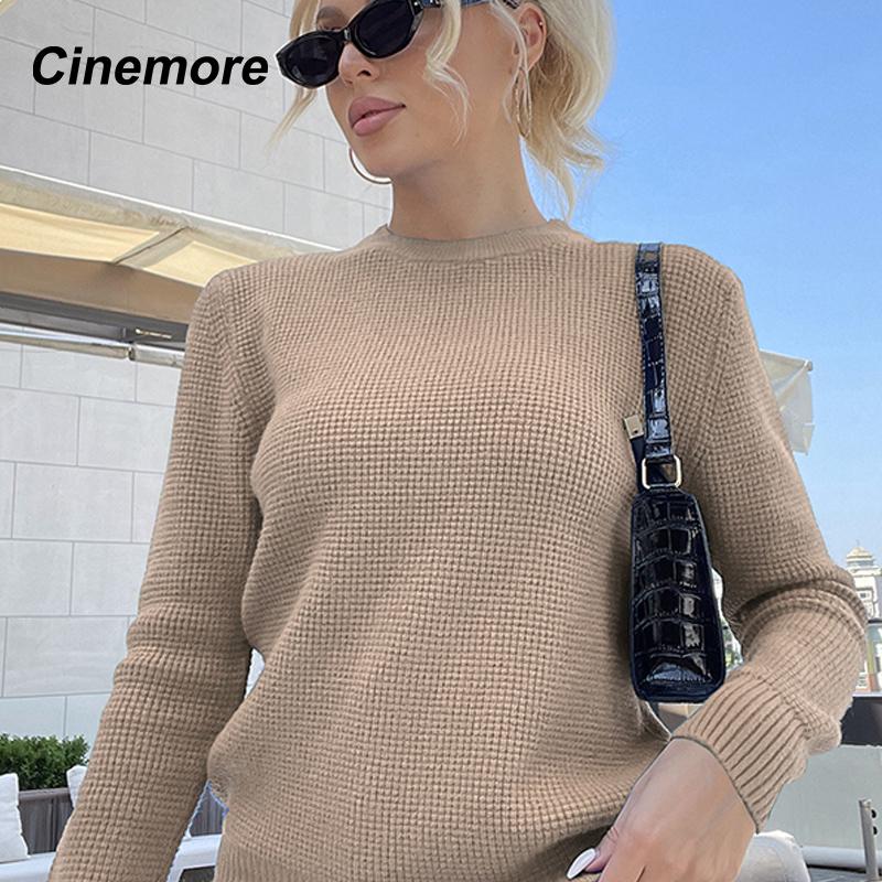 Cinemore Wiosna Jesień Damski Sweter Jednolity Oversize Casualowe Pulowery Ciepły Podstawowy Top z Długim Rękawem Okrągły Dekolt Dzianinowy Sweter Sweter