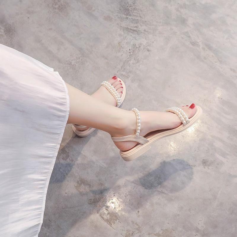 Woman Shoes Pearl Open Toe Flat Rubber Sandals for Women Sandal Wholesale Luxury 2025 Summer Offers Comfortable and Elegant Chic