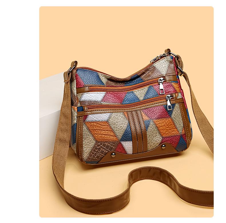 Stylish Retro Patchwork Shoulder Bag: Soft Leather, Large Capacity, Multi-Pocket Design for Versatile Use