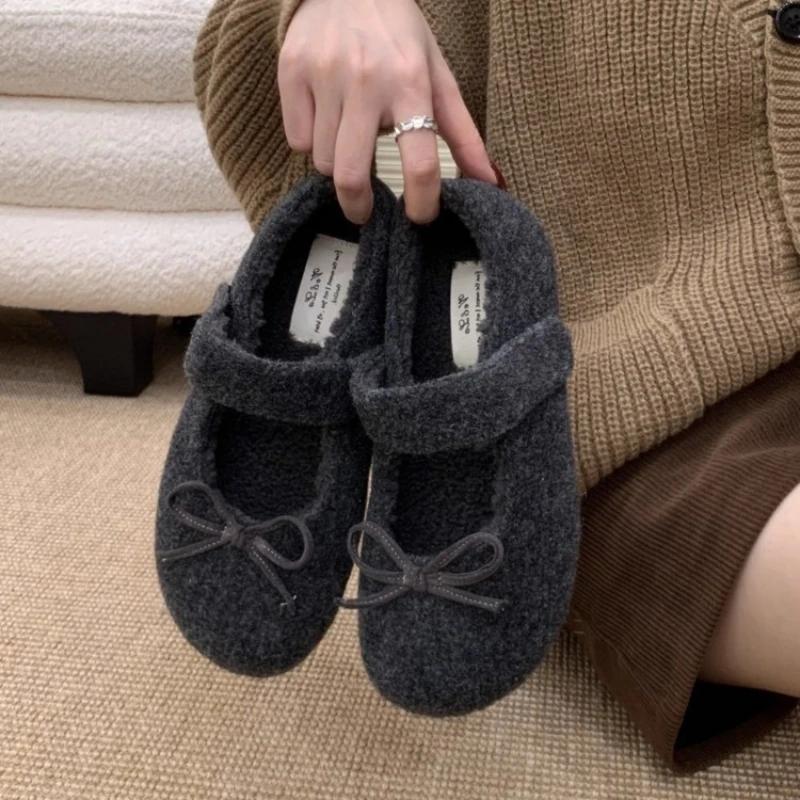 Fashion Women's Felt Mary Jane Shoes with Bow Detail Cozy and Cute Flat Shoes Woolen Fabric Flats Ladies Comfort Outdoor Warm Cotton