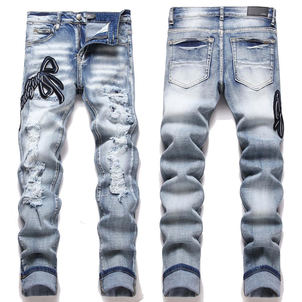 Jeans da Uomo Streetwear Blu Giovanili Gamba Dritta Lavati Usurati Elasticizzati Slim-fit Corti 3855