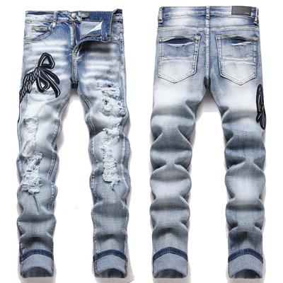 Blue Streetwear Youth Straight-leg Washed Distressed Stretch Slim-fit Cropped Mens Jeans 3855