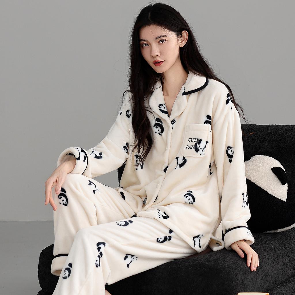 Coral Fleece Pajamas Women'S Autumn And Winter Flannel Fleece Thickened High-End Loungewear Warm Suit