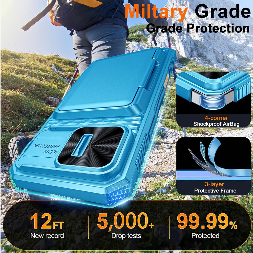 RFID Blocking Wallet Case with Card Holder Sliding Camera Cover PC+TPU Protective Case for iPhone 16 Pro Max-Light Blue