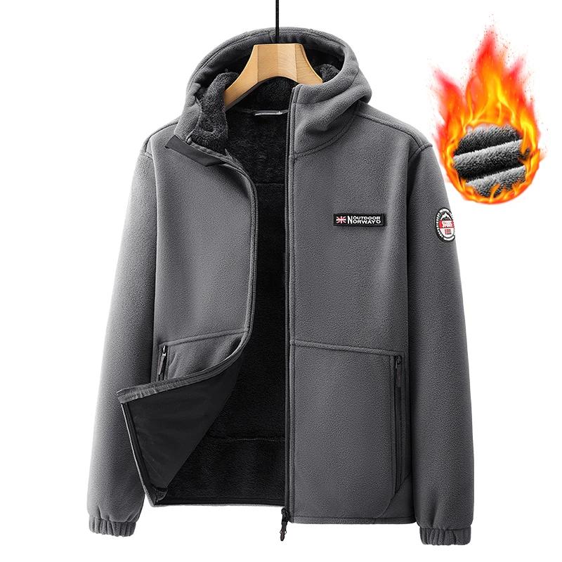 2025 Winter Warm Men's Fleece Jacket Hooded Pockets Solid Color Casual Norway Polar Jacket Cold-Proof Overcoat Plus Size Outwear
