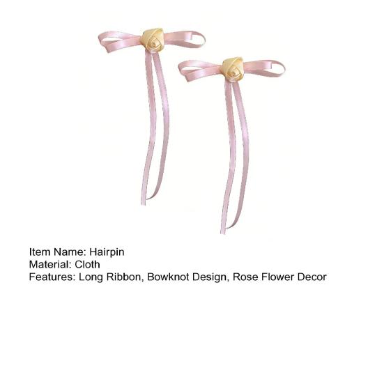 2Pcs Hairpin Satin Ribbon Bowknot Rose Flower Decor Hair Clip Firm Grip Low Ponytail Hairpin Daily Commuting Hair Accessory
