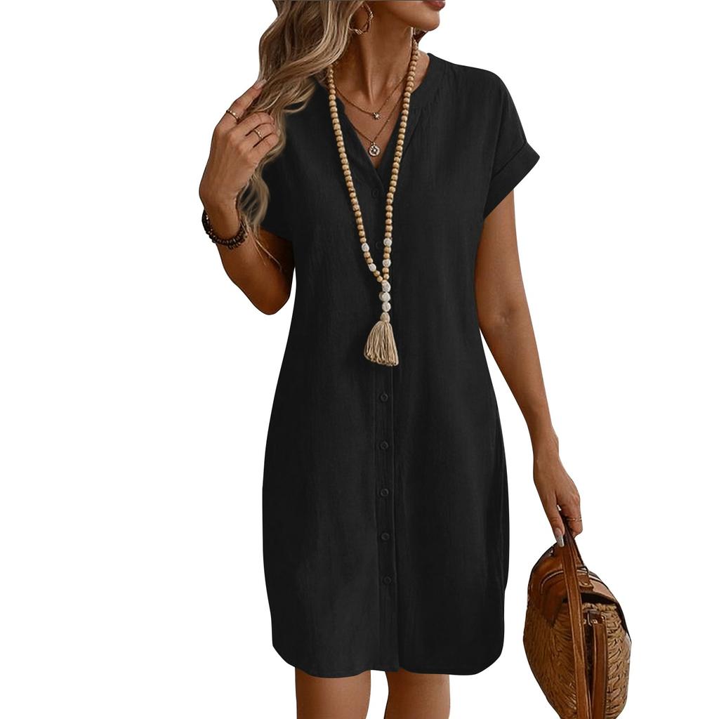 Ladies' Loose And Comfortable Summer Color Cotton Linen V-neck Button Up Dress