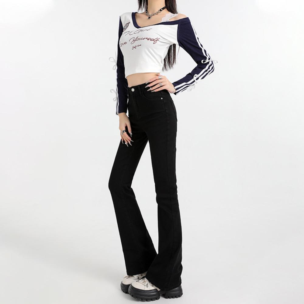 Simple Korean Version of High-waisted Micro-flared Jeans for Women's Spring and Autumn New Thin and Micro-mop Horseshoe Jeans