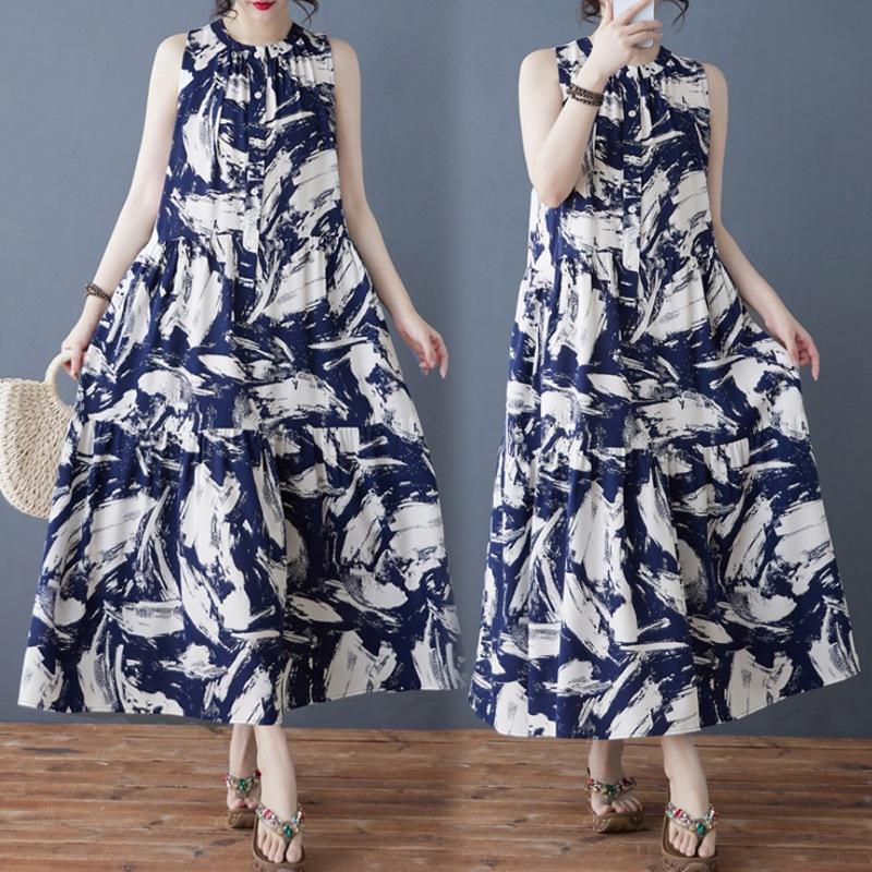 2025 Summer New Temperament Retro Printed Chiffon Loose Stand-up Collar Sleeveless Medium and Long Dress
