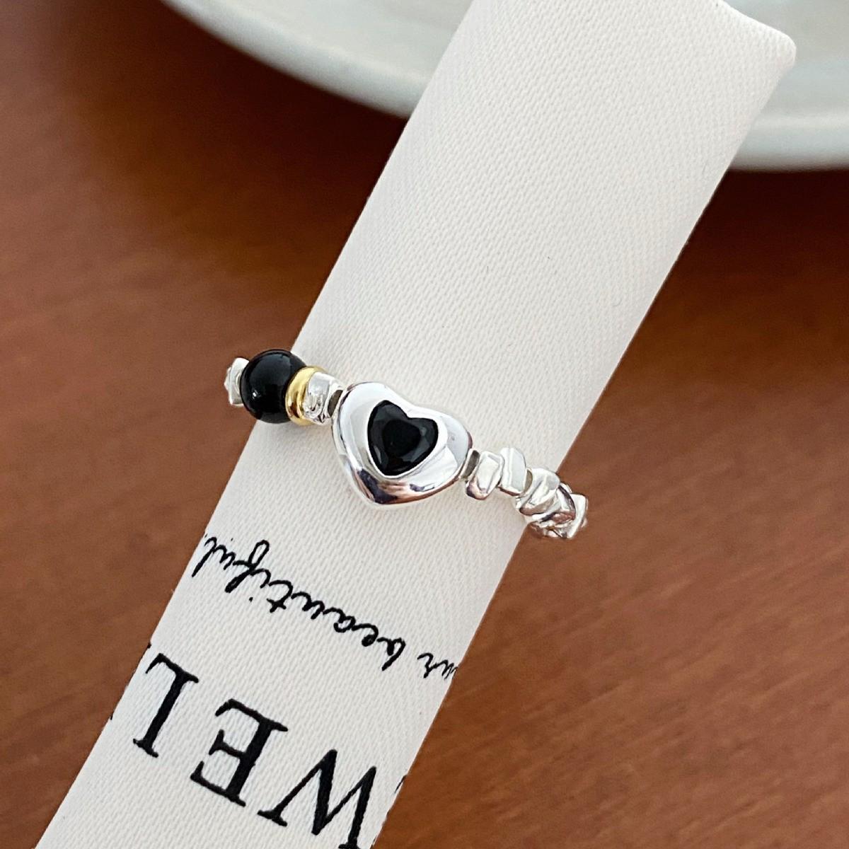 Women s Elastic Silver Black Heart Color Block Stackable Ring - Daily Creative Index Finger Accessory