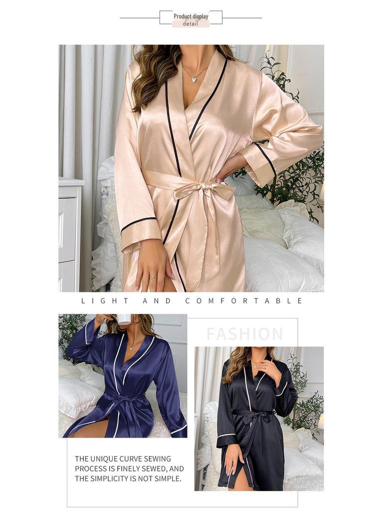Women's European & American Style Ice Silk Nightgown with Long Sleeves – Comfortable, Close-Fitting, Sexy Pajamas & Bathrobe Set