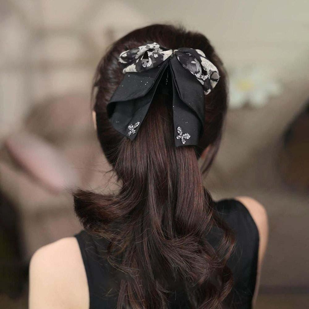 Elegante Schwarze Schleife Hai-Klammer Französischer Stil Damen Pailletten Haarklammern Glänzende Strass Haarspange Weiblich