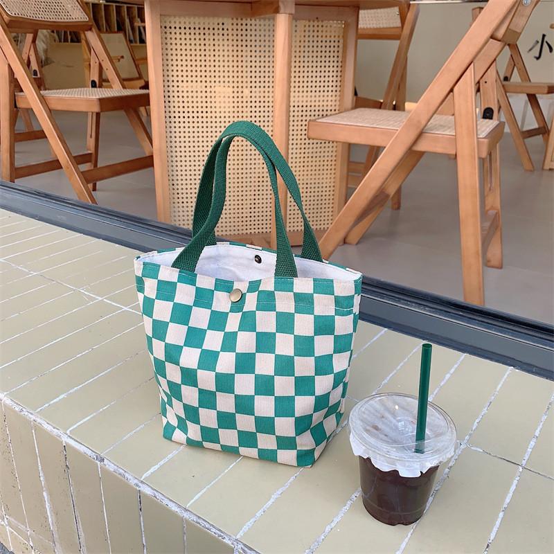 Cute Corduroy Plaid Handheld Lunch Bag For Women Trendy Office Snack Tote Green Plaid