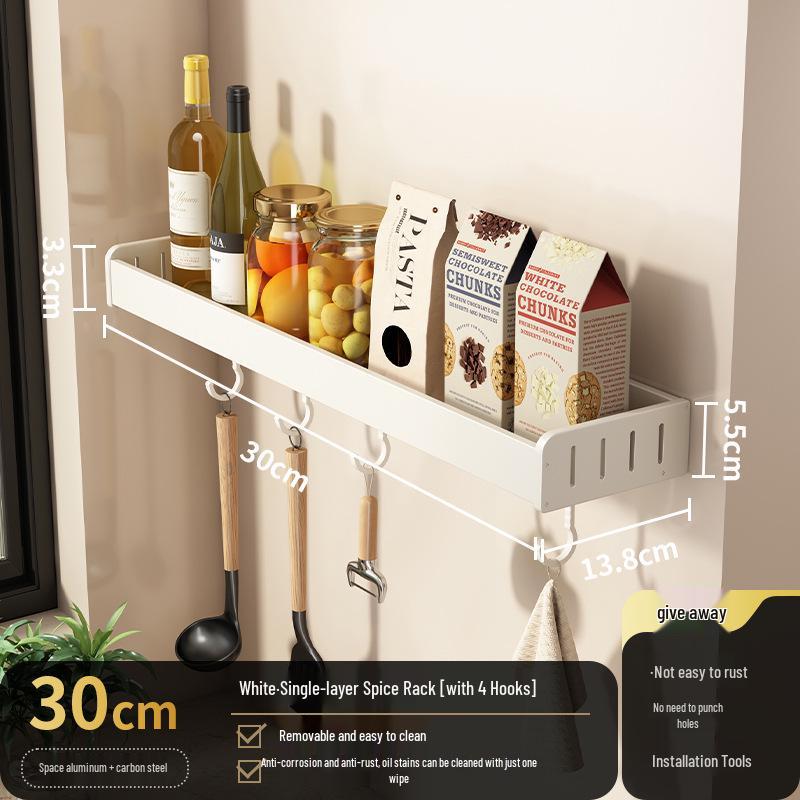 White Wall-Mounted Kitchen Rack: No-Drill Seasoning, Knife, and Chopsticks Organizer