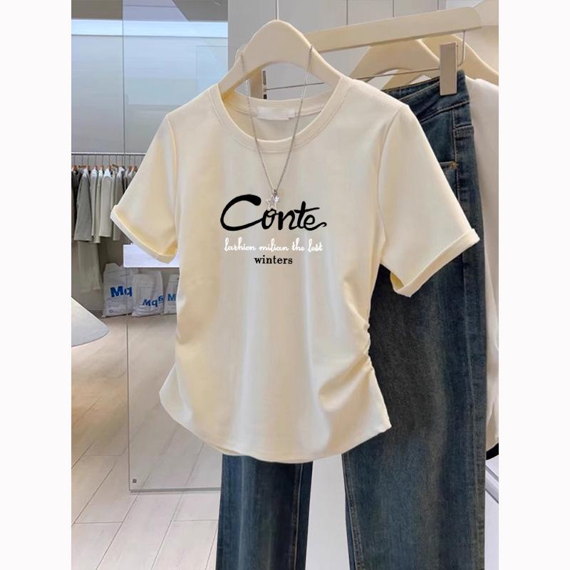 

Женская хлопковая футболка с коротким рукавом и буквенным блоком, тренд весны 2025 года в корейском стиле M (95-110 Jin)