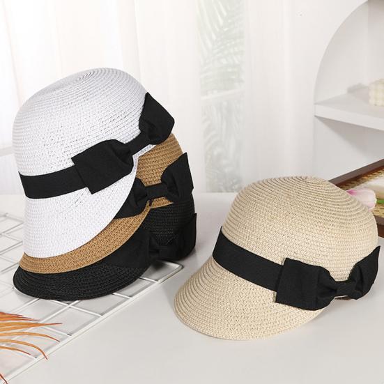 Chapeau de paille Large Ruban Noir Nœud Dôme Visière Plate Casquette de Baseball Léger Respirant Chapeau Protection Solaire