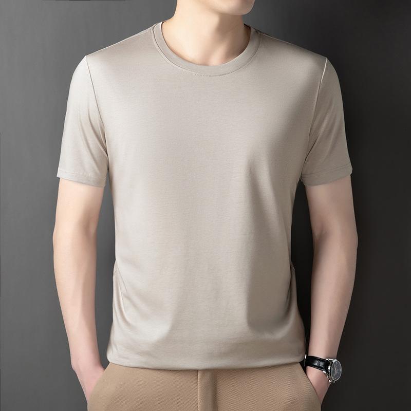 

Summer Mulberry Silk Short-sleeved T-shirt for Men Loose Round Neck Solid Color Versatile Casual Business Base Shirt Top Men s Clothes M серебряный серый