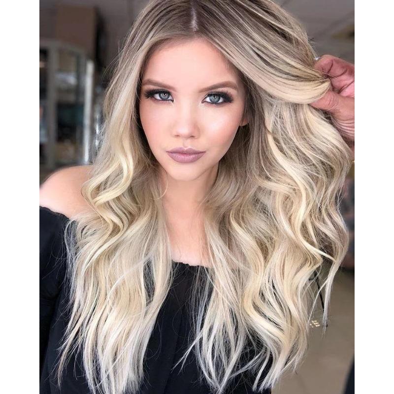 European and American new wig medium gradual change yellow long curly hair women's big wave wig rose net