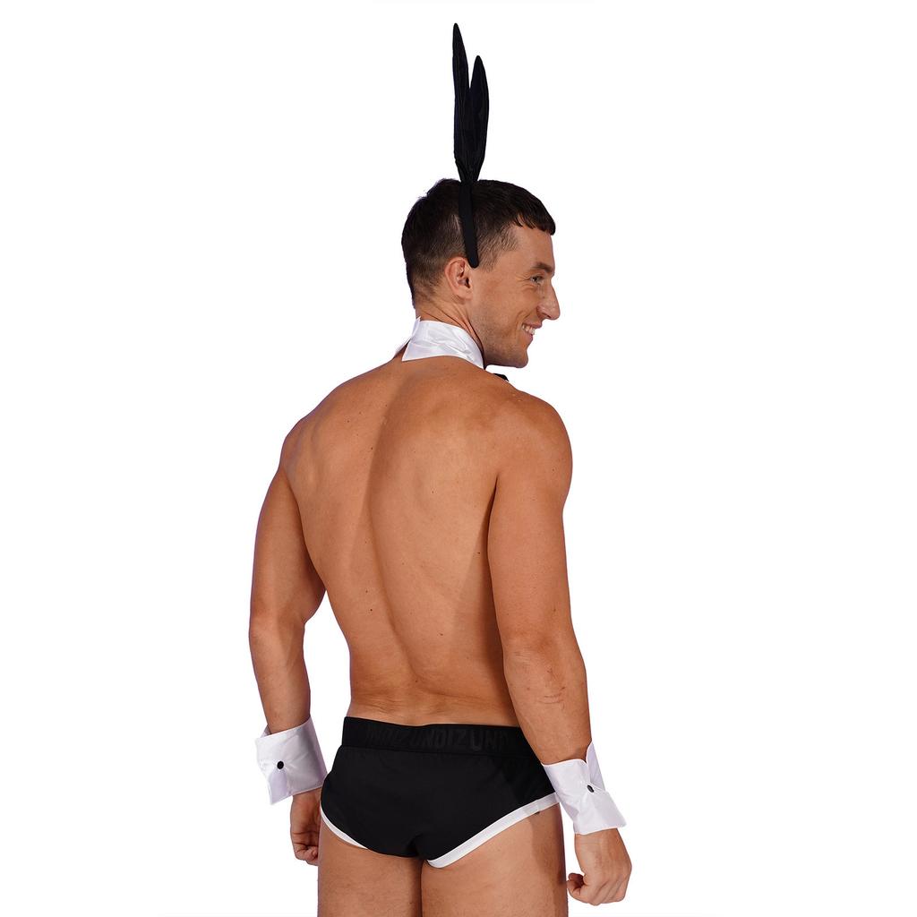 Mens Lingerie Set Bowknot Briefs Bunny Ears Headband Bowtie Collar Cuffs Halloween Costume