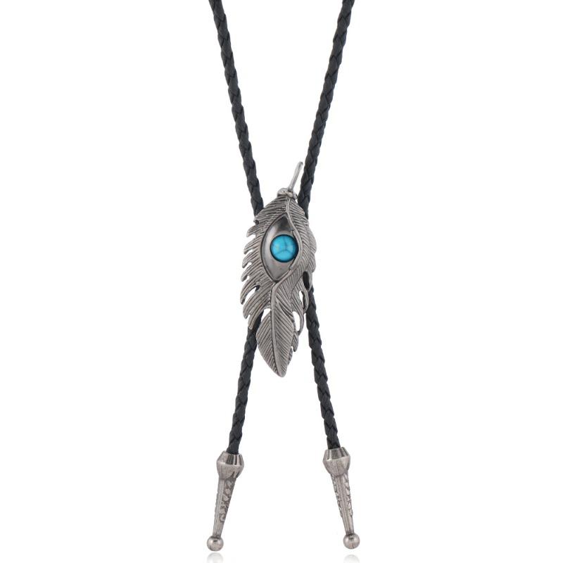Poirot tie vintage sweater chain metal petal feather turquoise personality necklace bolo tie adjustable necklace