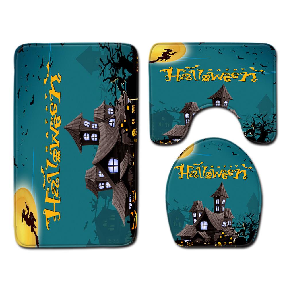Halloween Shower Curtain Floor Mat Combination Four-Piece Set Bathroom Toilet Carpet Shower Room Foot Mat