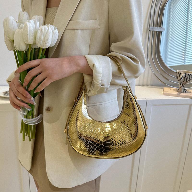 Women Luxury Design Serpentine Hobo Bags Design Small Handbag Fashion Shoulder Underarm Bag PU Leather Laser Half Moon Bags