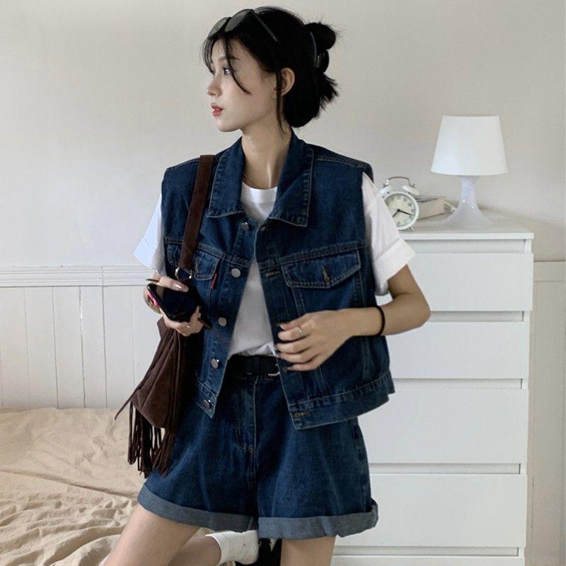 Women's Plus Size Designer Denim Two-Piece Set: Summer Vest Jacket & Shorts