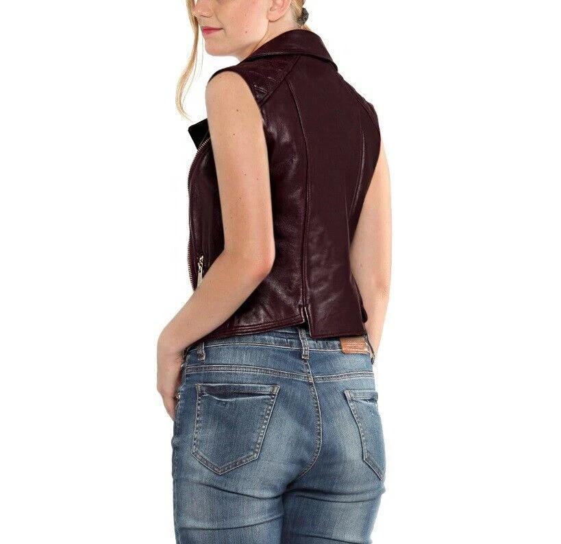 Lambskin Fancy Halloween Brown Stylish Party Women Leather Vest Coat Waistcoat