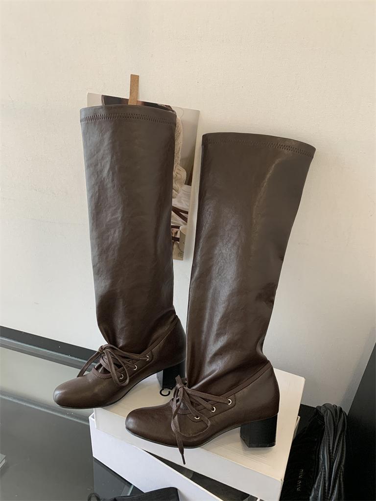Fake Two-piece Wide Tube Boots Strap Leather High-heeled Knight Boots Retro Round Head Thick Heel Pleated Stack Boots