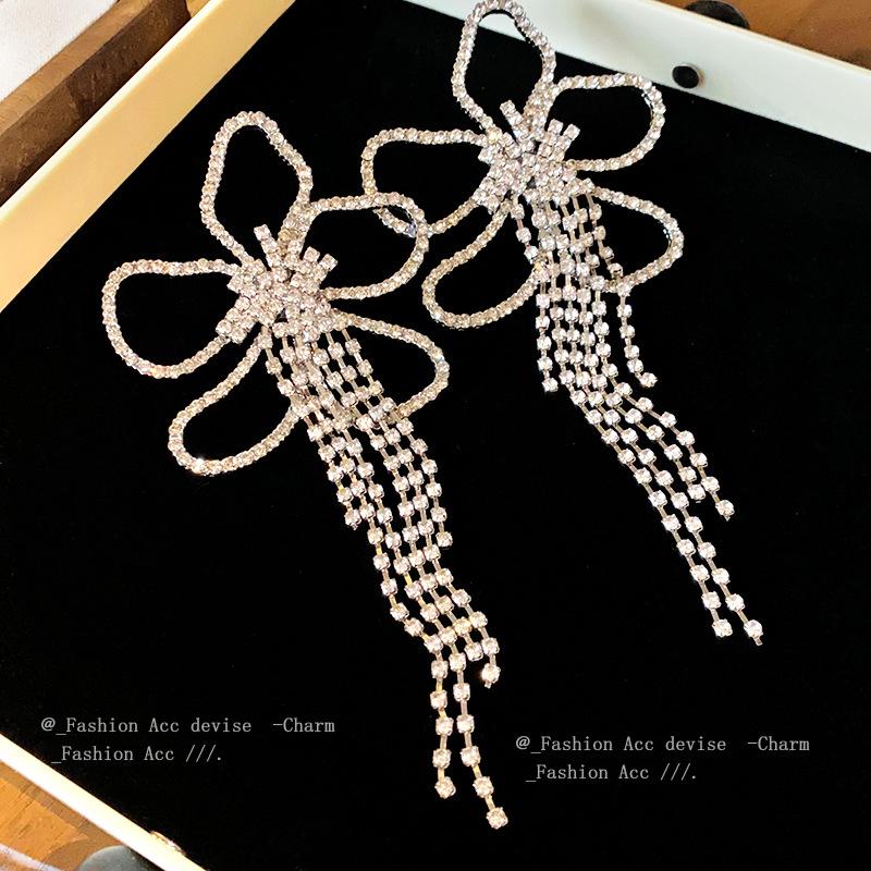 Silver Needle Diamond Flower Long Earrings Light Luxury Fashion Fringed Earrings Personality Advanced Temperament Earrings