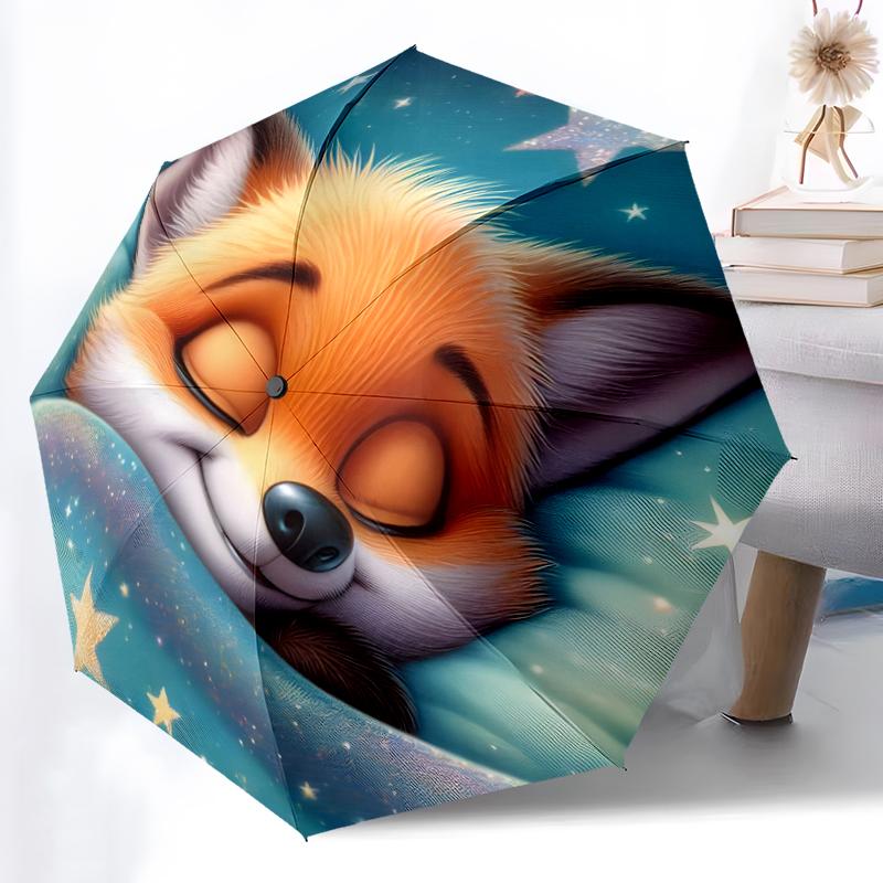 1pc Sturdy 8-Bone Auto Umbrella, Fox Umbrella, Digital Printed, Foldable Umbrella for On-the-Go Outdoor Use