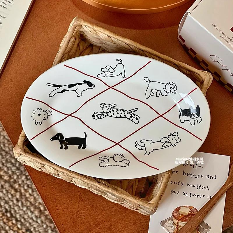 

Котенок мультфильм щенок керамическая тарелка эллипс корейский Ins винтажная милая сетка десерт завтрак тарелка бытовая посуда для десерта блюдо
