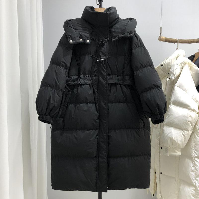 

Premium long down jacket women s 2025 winter foreign style, waist and thin triangular buckle thickened over the knee to keep warm M