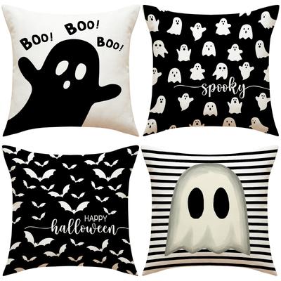 Fronha de Almofada Combinação Preto e Branco para Halloween Decoração de Sala de Estar Almofada de Sofá Fronha com Estampa de Fantasma Linho Amigo da Pele Travesseiro