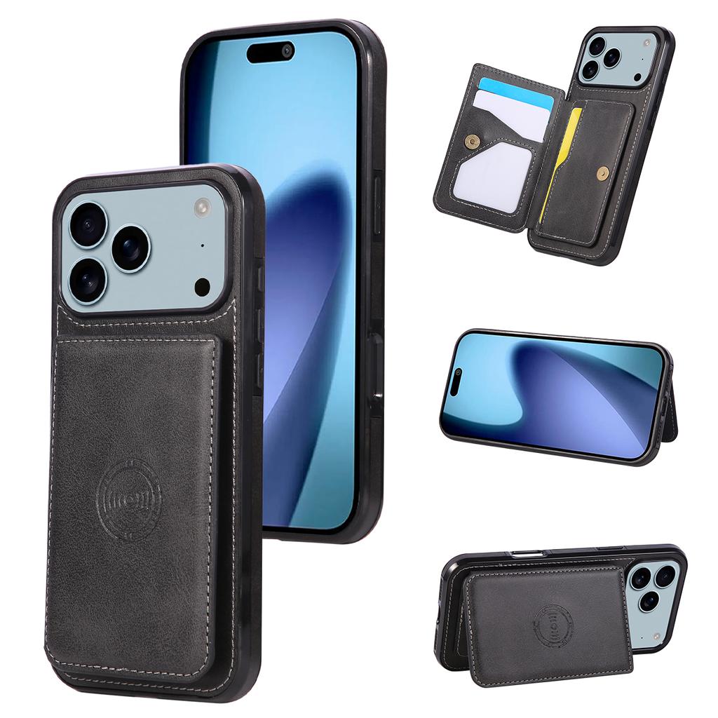 For iPhone 17 Pro Case Card Holder Kickstand PU Leather + TPU Phone Cover
