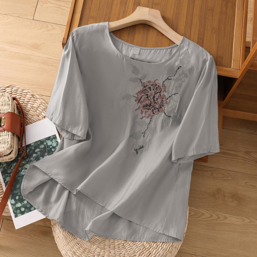DIMANAF 2025 New Summer Plus Size T-Shirt Women O-Neck Short Sleeve Vintage Linen Loose Tops Tees Maxi