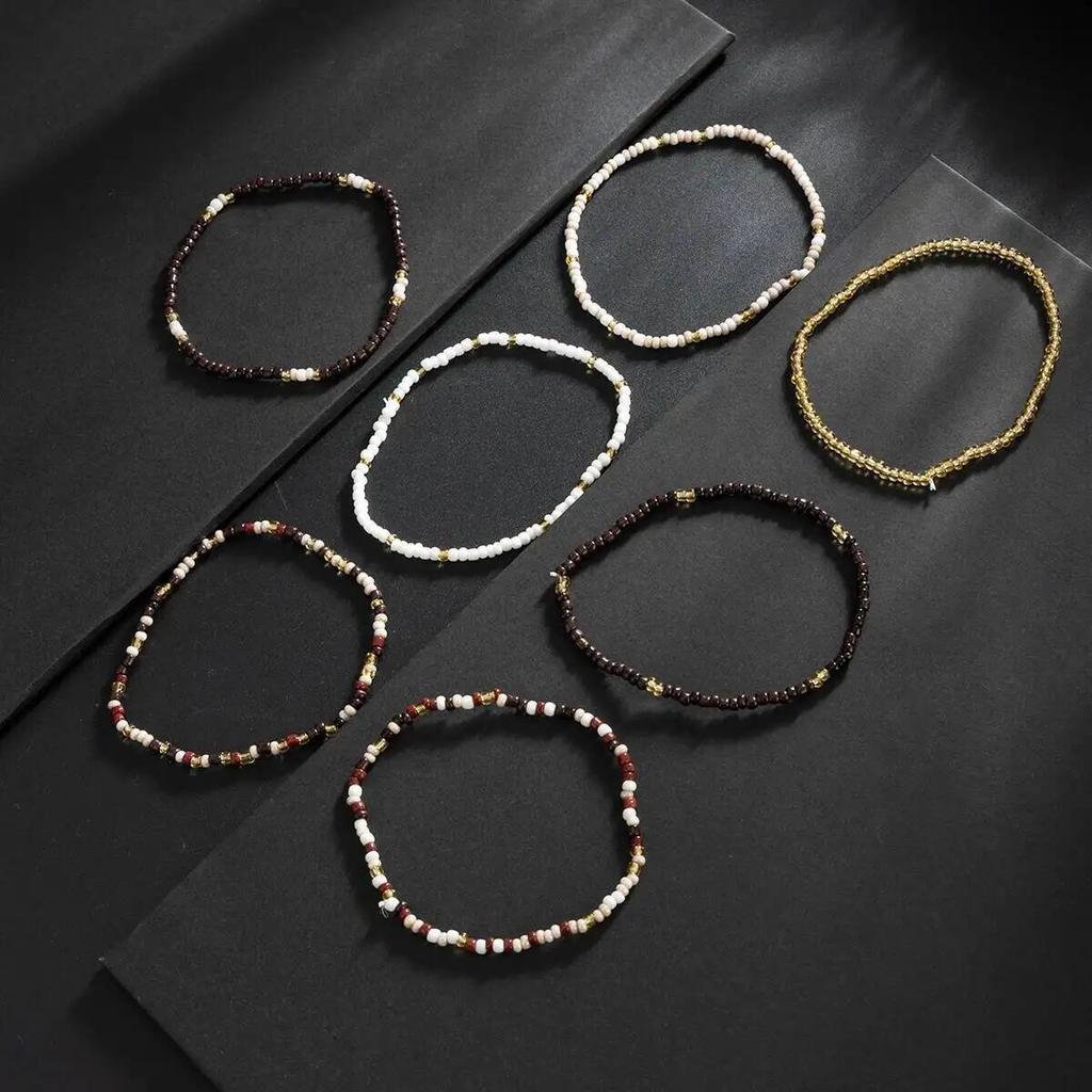 SHIXIN Conjunto de 7 Peças Pulseiras de Contas de Arroz Boho Masculinas Peça Redonda Vintage Pingente Corrente de Contas Elástica Pulseiras de Pulso Joias Femininas