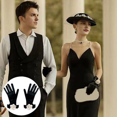 Ladies Velvet Gloves Retro Black Gloves with Wrist Flowers Glossy Vintage Style Bridal Gloves for Weddings Banquets Dinner Party Cocktail Party