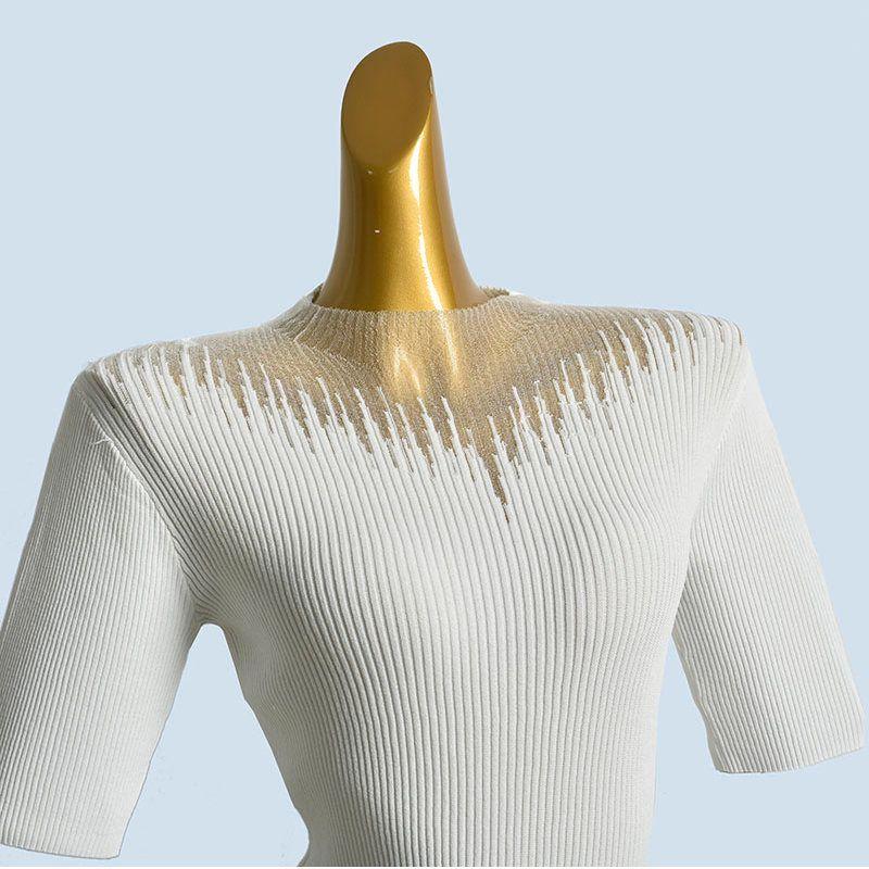 Half-high Collar Tulle Hollow Lace Knitted Short Sleeve Ice Shirt Silk T-shirt Women's Spring Summer Half Sleeve Western Style Base Top
