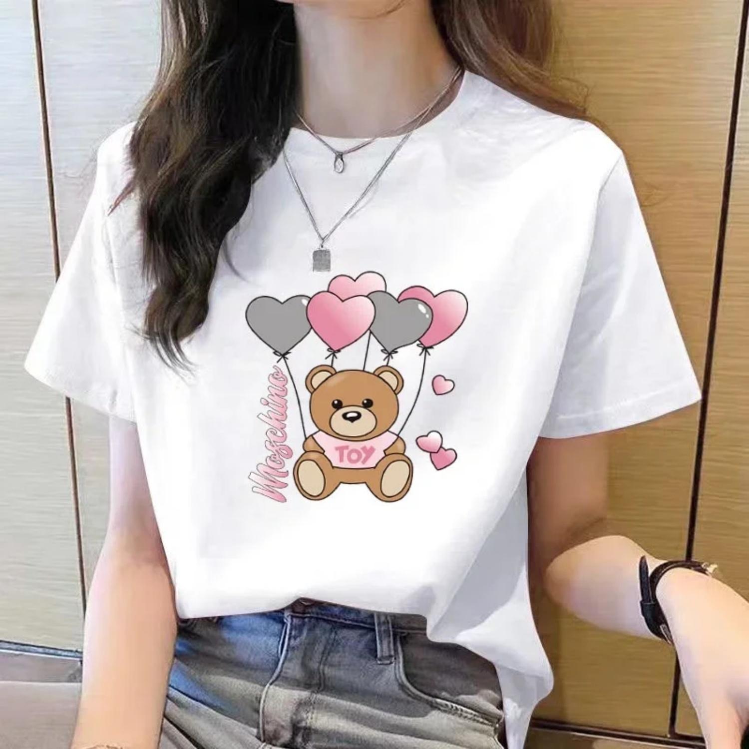 Women T Shirt Round Neck Top Fashion Tshirt Woman Top Cartoon Printed Shirt Women Top Short Sleeve New Korean for S