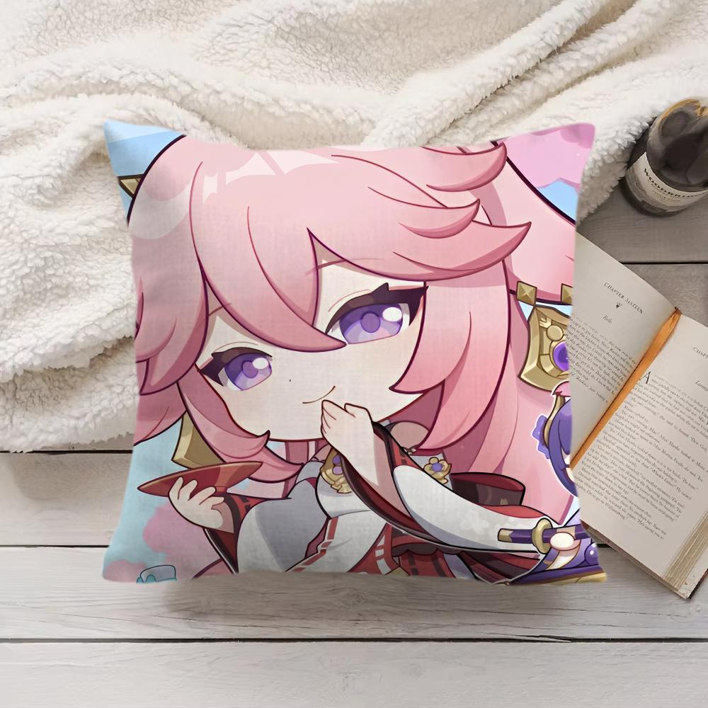 Yae Miko Cute Genshin Impact Cushion Cover Silky Short Plush Invisible Zipper Dustproof Sofa Pillow Case For Home Decor