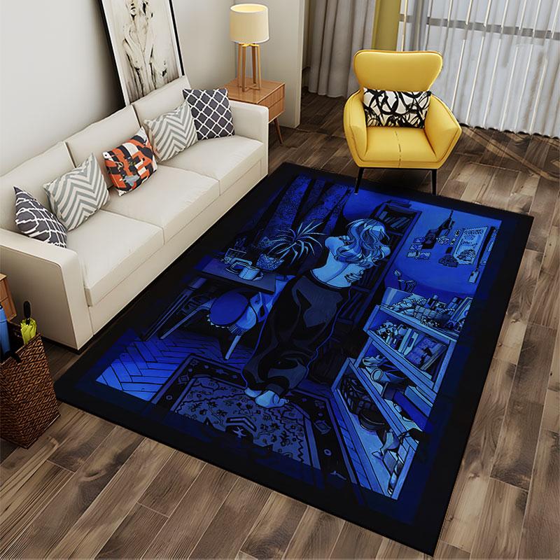 Girl in Blue Room Art Carpet suitable as a non-slip mat for the living room or bedroom sofa