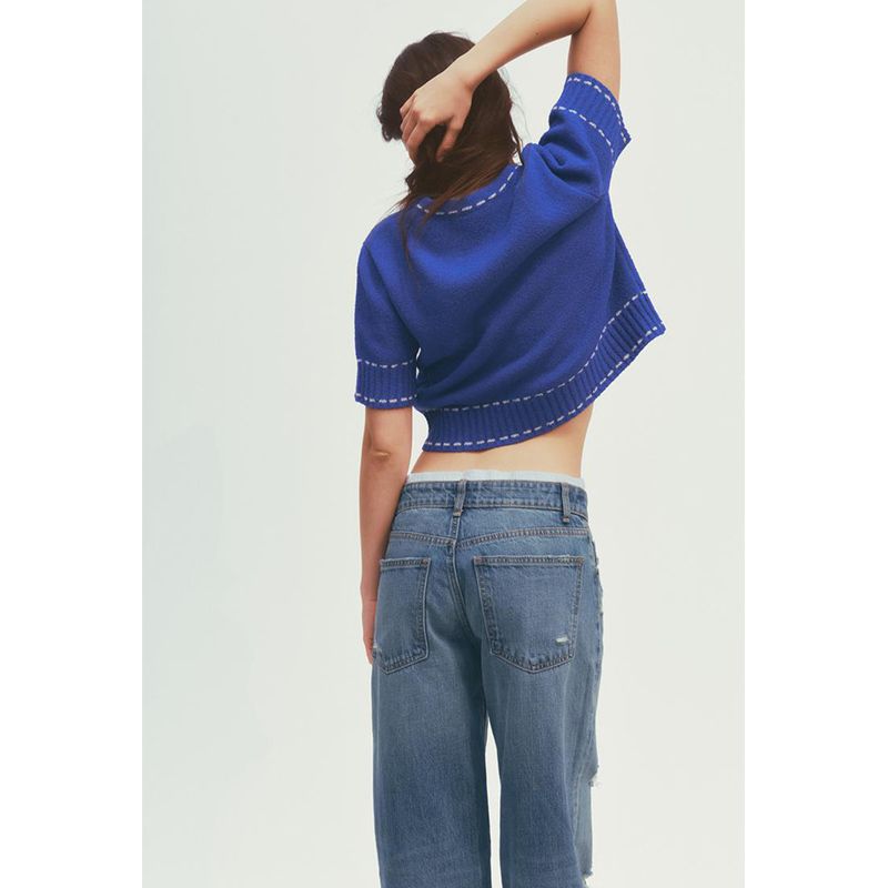 Summer Women's Clothing Contrast Color Thread Decoration Easiest for Match Minimalist Fashion Short Sleeve round Neck Knitwear 3920337